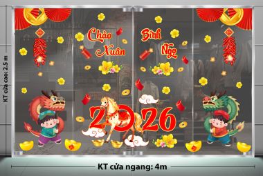 DECAL TRANG TRÍ TẾT CHO CỬA HÀNG MÚA RỒNG CHÀO XUÂN BÍNH NGỌ