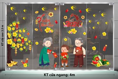DECAL TRANG TRÍ TẾT CHO NHÀ HÀNG GIA ĐÌNH NHỎ CHÚC TẾT BÊN GÓC MAI VÀNG