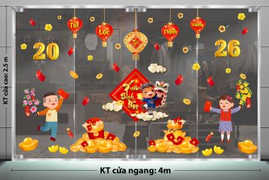 DECAL DÁN KÍNH TRANG TRÍ TẾT CHO SẢNH CHUNG CƯ HAI BÉ VUI XUÂN 2026