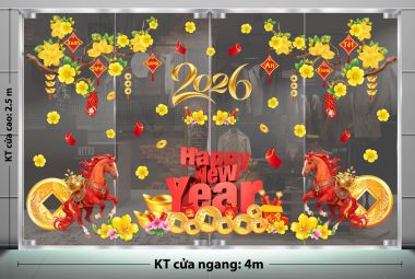 DECAL DÁN KÍNH TRANG TRÍ TẾT ĐÔI TUẤN MÃ CHÚC XUÂN 2026 DƯỚI NHÁNH MAI VÀNG