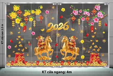 DECAL TRANG TRÍ TẾT MAI VÀNG ĐÀO HỒNG KHOE SẮC ĐÓN XUÂN BÍNH NGỌ