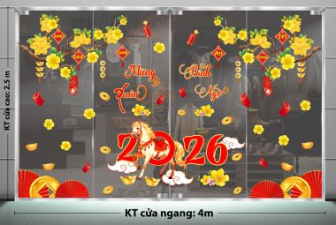 DECAL DÁN KÍNH TRANG TRÍ TẾT CÁNH QUẠT ĐỎ VÀ HAI NHÁNH MAI VÀNG XUÂN BÍNH NGỌ 2026