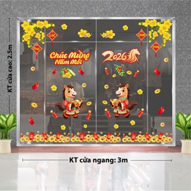 DECAL DÁN KÍNH TRANG TRÍ TẾT CHO NHÀ HÀNG HAI NHÁNH MAI VÀNG ĐÓN XUÂN BÍNH NGỌ 2026