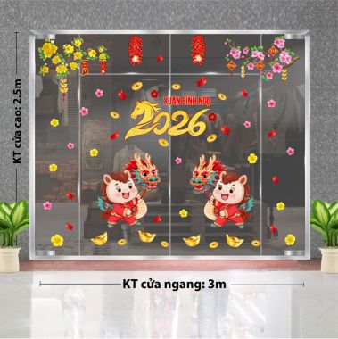 DECAL DÁN KÍNH TRANG TRÍ TẾT 2026 MAI ĐÀO VÀ HAI CON NGỰA NHỎ MÚA RỒNG