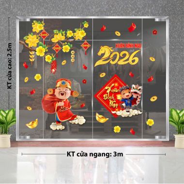 DECAL DÁN KÍNH TRANG TRÍ TẾT THẦN TÀI DƯỚI NHÁNH MAI VÀNG CHÀO XUÂN BÍNH NGỌ