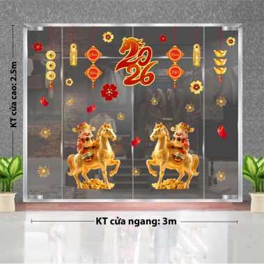 DECAL TRANG TRÍ TẾT CHO NGÂN HÀNG HAI ÔNG THẦN TÀI CƯỠI NGỰA VÀNG VÀ DÂY TREO ĐÒNG TIỀN 2026