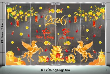 DECAL DÁN KÍNH TRANG TRÍ TẾT ĐÔI NGỰA PEGASUS VÀNG ĐÓN TÀI LỘC NĂM 2026