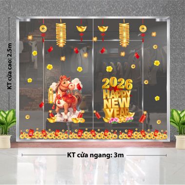 DECAL DÁN KÍNH TRANG TRÍ TẾT NGỰA VÀ DÂY PHÁO VÀNG HPNY 2026