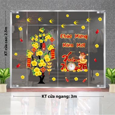 DECAL TRANG TRÍ TẾT CHÚC MỪNG NĂM MỚI XUÂN 2026 BÊN GÓC MAI VÀNG