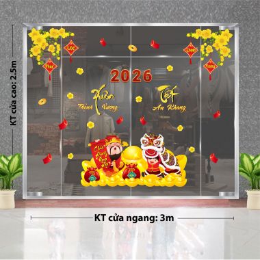 DECAL DÁN KÍNH TRANG TRÍ TẾT THẦN TÀI VÀ LÂN CHÚC XUÂN DƯỚI MAI VÀNG