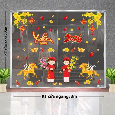 DECAL DÁN KÍNH TRANG TRÍ TẾT BÉ MẶC ÁO DÀI ĐỎ CHÚC XUÂN BÍNH NGỌ DƯỚI MAI VÀNG