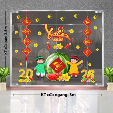 DECAL DÁN KÍNH TRANG TRÍ TẾT BÉ ÔM DƯA HẤU CHÚC XUÂN BÍNH NGỌ VÀ ĐÔI LIỄN