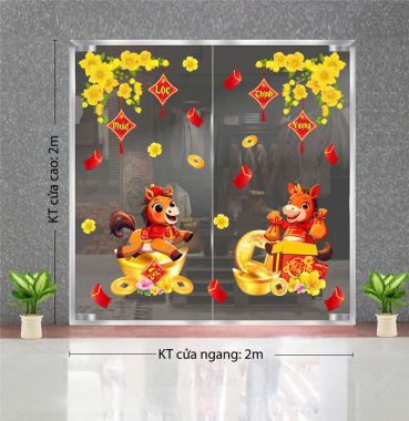 DECAL DÁN KÍNH TRANG TRÍ TẾT ĐÔI NGỰA NHỎ DƯỚI NHÁNH MAI VÀNG ĐÓN XUÂN
