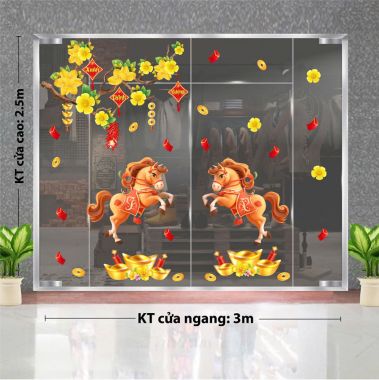 DECAL DÁN KÍNH TRANG TRÍ TẾT MAI VÀNG VÀ ĐÔI NGỰA CHÀO XUÂN