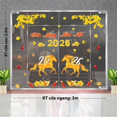 DECAL DÁN KÍNH TRANG TRÍ TẾT BÍNH NGỌ 2026 VÀ HAI NHÁNH MAI VÀNG