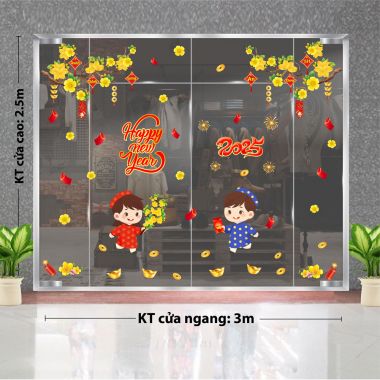 DECAL DÁN KÍNH TRANG TRÍ TẾT BÉ TRAI BÉ GÁI VUI XUÂN DƯỚI MAI VÀNG