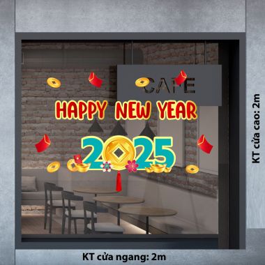 DECAL TRANG TRÍ TẾT HAPPY NEW YEAR 2025 ĐỒNG TIỀN VÀNG