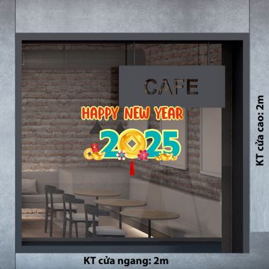 DECAL TRANG TRÍ TẾT HAPPY NEW YEAR 2025 ĐỒNG TIỀN VÀNG