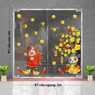 DECAL TRANG TRÍ TẾT THẦN TÀI VÀ RẮN VÀNG BÊN GÓC MAI