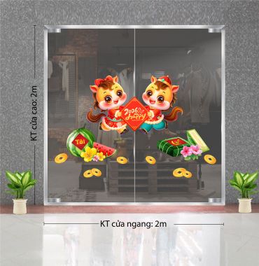 DECAL TRANG TRÍ TẾT HAI CHÚ NGỰA NHỎ VÀ BÁNH CHƯNG DƯA HẤU