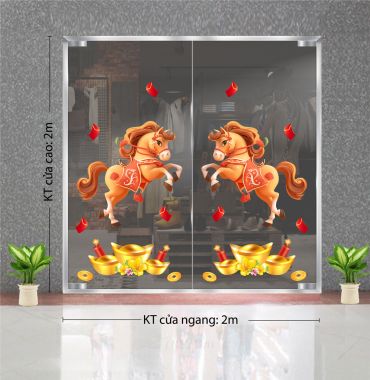 DECAL TRANG TRÍ TẾT ĐÔI NGỰA VÀ HAI THỎI VÀNG