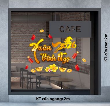 DECAL DÁN KÍNH TRANG TRÍ TẾT XUÂN BÍNH NGỌ 2026 SẮC VÀNG