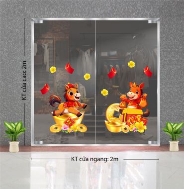 DECAL TRANG TRÍ TẾT ĐÔI NGỰA NHỎ VÀ ĐỒNG TIỀN VÀNG