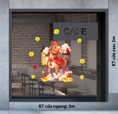 DECAL TRANG TRÍ TẾT CHÚ NGỰA NHỎ VÀ MAI VÀNG