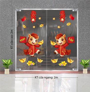 DECAL DÁN KÍNH TRANG TRÍ TẾT HAI CON NGỰA MẶC ÁO DÀI ĐỎ CHÚC XUÂN