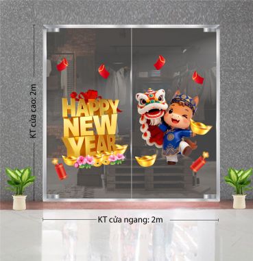 DECAL DÁN KÍNH TRANG TRÍ TẾT CHỮ HPNY NGỰA VÀ LÂN 