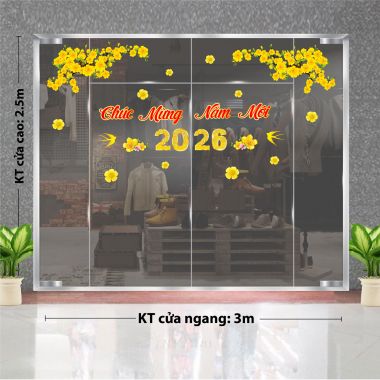 DECAL TRANG TRÍ TẾT CHÚC MỪNG NĂM MỚI 2026 BÊN NHÁNH MAI VÀNG