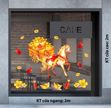 DECAL DÁN KÍNH TRANG TRÍ TẾT NGỰA KÉO XE VÀNG