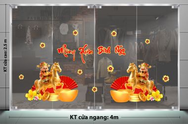 DÁN KÍNH TRANG TRÍ TẾT CHO NGÂN HÀNG THẦN TÀI CƯỠI NGỰA VÀNG VÀ QUẠT ĐỎ