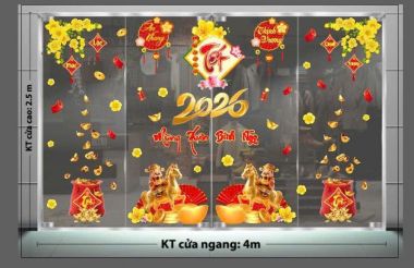 DECAL DÁN KÍNH TRANG TRÍ TẾT 2026 THẦN TÀI CƯỠI NGỰA VÀ ĐÔI QUẠT ĐỎ