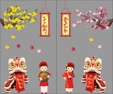 TRANG TRÍ TẾT CHO NHÀ HÀNG ĐÔI LÂN ĐỎ VÀ HAI BÉ ÁO DÀI CHÀO XUÂN