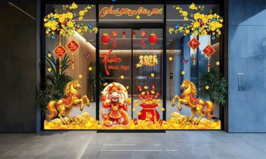 TRANG TRÍ TẾT TRÊN CỬA KÍNH CHO CÔNG TY SẮC VÀNG TÀI LỘC NĂM BÍNH NGỌ