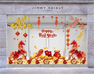 DECAL DÁN KÍNH TRANG TRÍ TẾT CHO NGÂN HÀNG ĐÔI NGỰA HOA CHÚC XUÂN