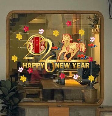 DECAL TRANG TRÍ HAPPY NEWYEAR 2026 BÌNH NGỌ VÀNG GOLD