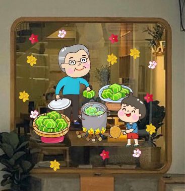 DECAL TRANG TRÍ TẾT HAI ÔNG CHÁU NẤU BÁNH CHƯNG