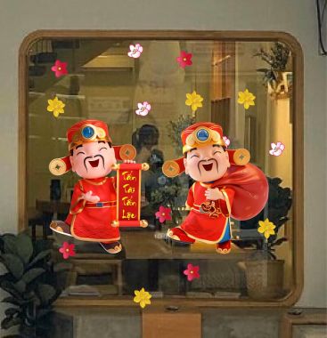 DECAL DÁN KÍNH TRANG TRÍ TẾT HAI ÔNG THẦN TÀI CHÚC XUÂN