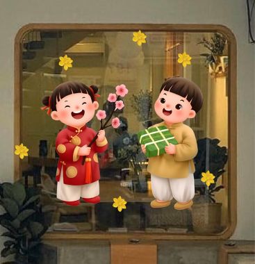 DECAL DÁN KÍNH TRANG TRÍ TẾT HAI BÉ DÂN GIAN ĐÓN TẾT