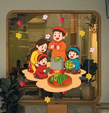 DECAL TRANG TRÍ TẾT GIA ĐÌNH SUM VẦY NẤU BÁNH CHƯNG