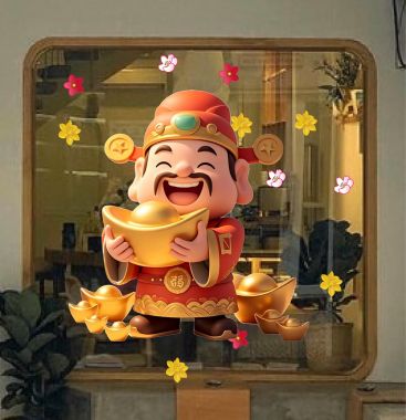 DECAL DÁN KÍNH TRANG TRÍ TẾT ÔNG THẦN TÀI ÔM VÀNG HOAN HỈ