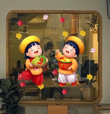 DECAL DÁN KÍNH TRANG TRÍ TẾT HAI BÉ VUI TƯƠI ĐÓN TẾT