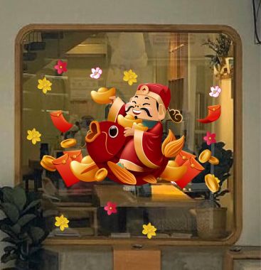 DECAL TRANG TRÍ TẾT THẦN TÀI ÔM VÀNG CƯỠI CÁ CHÉP