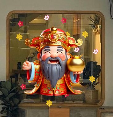 DECAL DÁN KÍNH TRANG TRÍ TẾT ÔNG THẦN TÀI VUI TƯƠI ÔM VÀNG