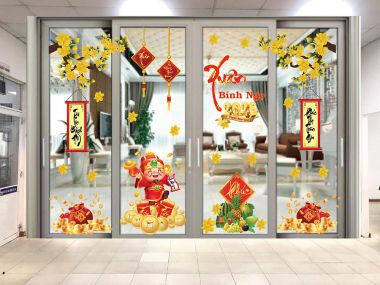 DECAL DÁN KÍNH TRANG TRÍ TẾT THẦN TÀI ĐÓN XUÂN BÊN MAI VÀNG