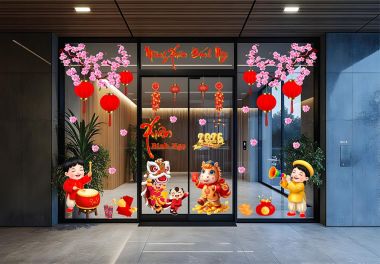 DECAL DÁN KÍNH TRANG TRÍ TẾT CHO SẢNH CHUNG CƯ ĐÁNH TRỐNG MÚA LÂN ĐÓN XUÂN