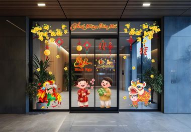 TRANG TRÍ TẾT CHO CỬA KÍNH BÉ VUI XUÂN CÙNG LÂN DƯỚI MAI VÀNG