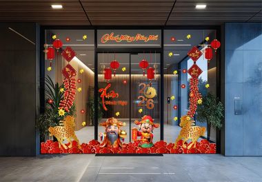 DECAL DÁN KÍNH TRANG TRÍ TẾT THẦN TÀI VÀ ĐÔI NGỰA VÀNG CHÚC XUÂN